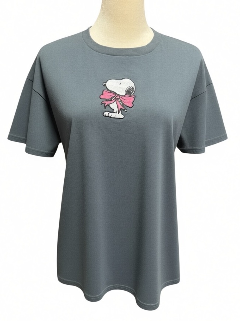 Peanuts Women's Gray Tee with Pink Snoopy Bow